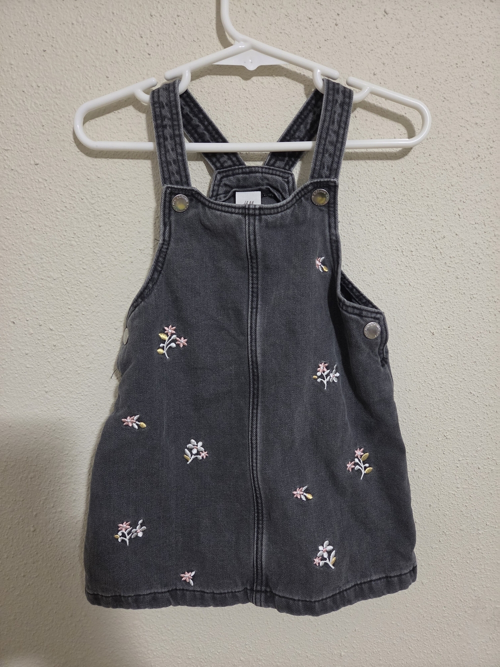 ​H&M Black Denim Overall Dress Floral Embroidered Pinafore 12-18M